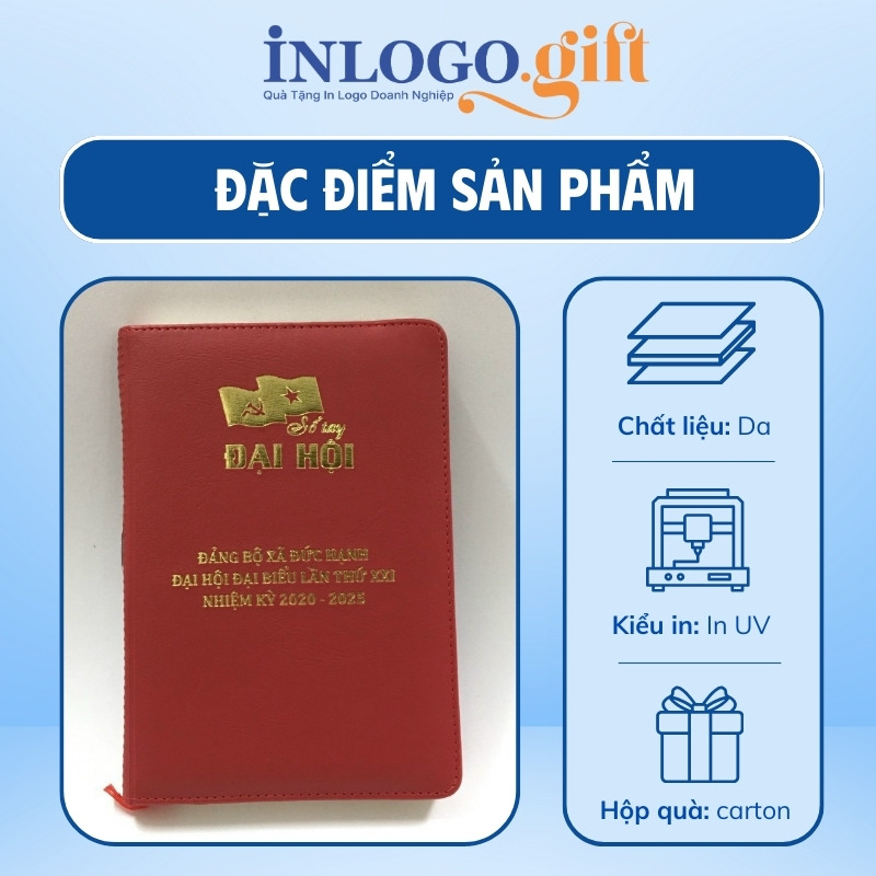 Quà tặng Đại Hội in logo sổ da dán gáy màu đỏ SD-06
