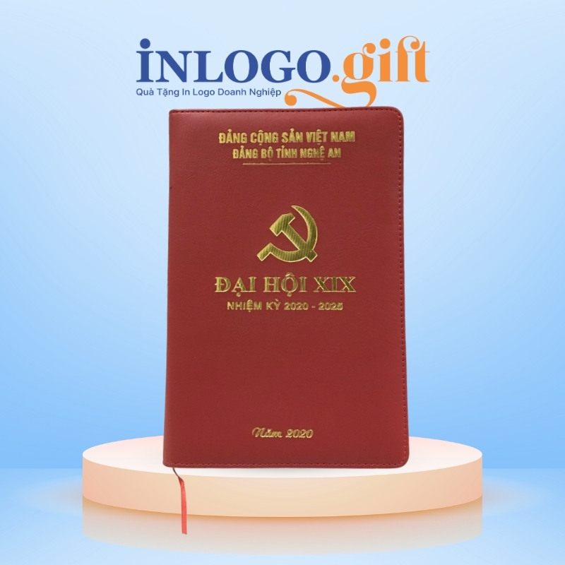 Sổ da quà tặng Đại Hội in logo dán gáy màu đỏ SD-05
