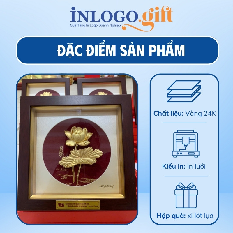 Tranh dát vàng quà tặng Đại Hội in logo hoạ tiết hoa sen TDV-03