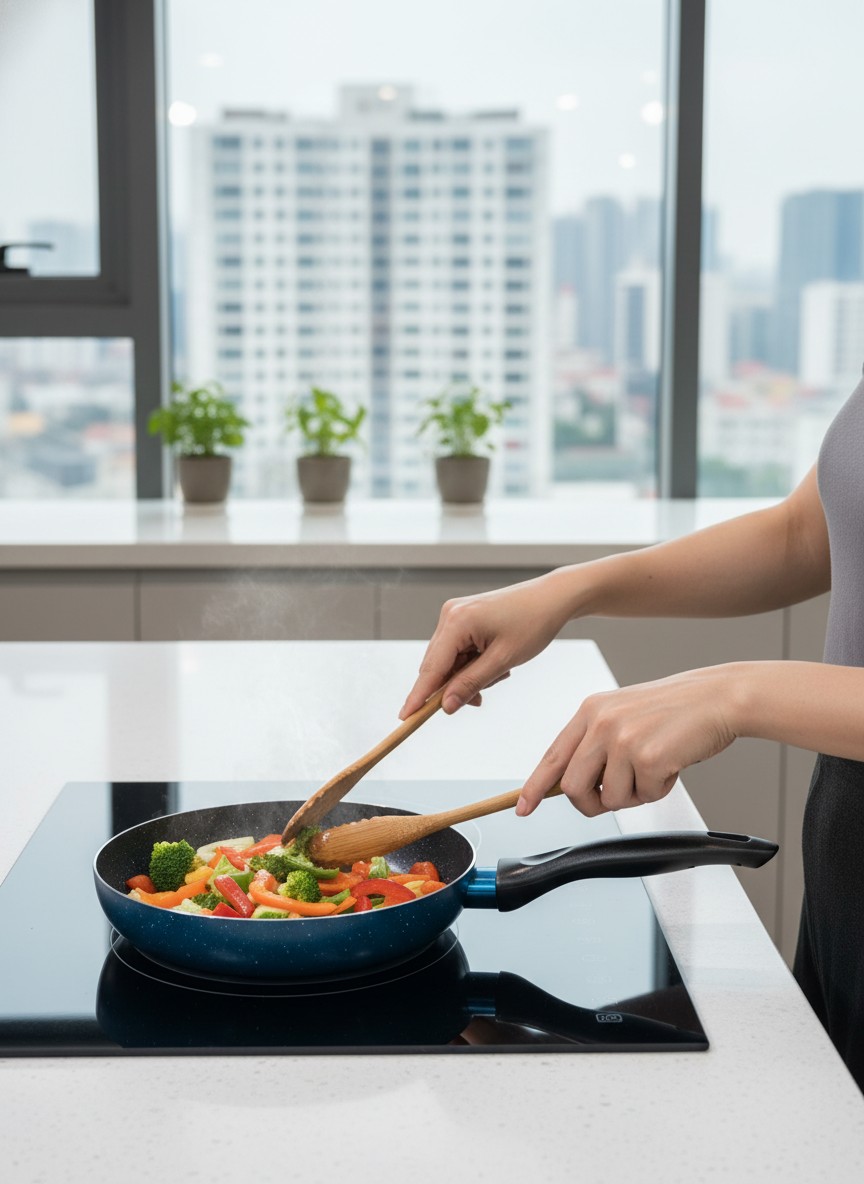 Chi tiết chảo chống dính Sunhouse với lòng chảo chống dính và cán nhựa cách nhiệt