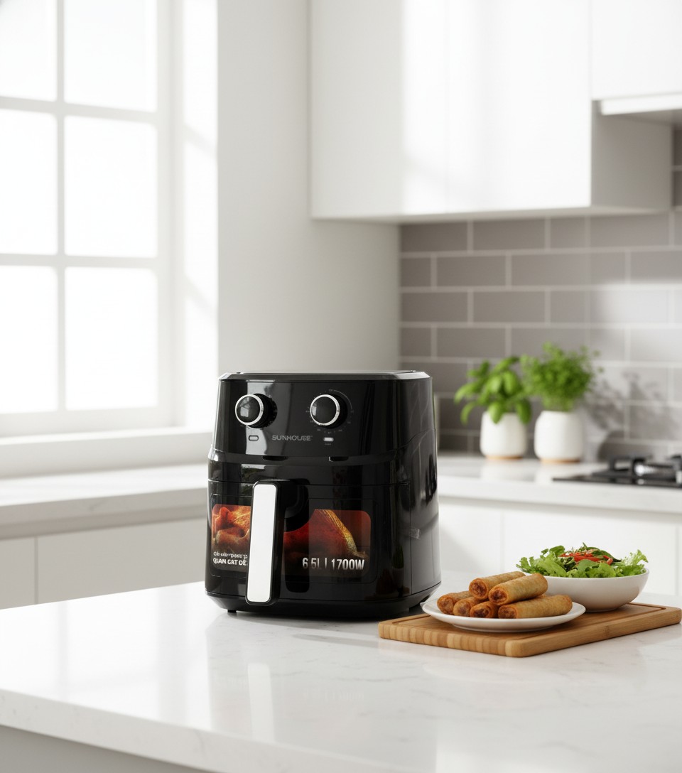 Thiết kế chính diện của Nồi chiên không dầu Sunhouse với logo doanh nghiệp.