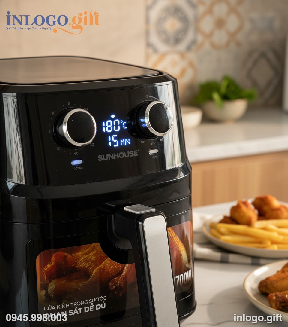 Minh họa các tính năng hiện đại và dễ sử dụng của nồi chiên không dầu.