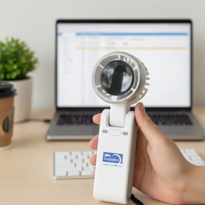 Quạt điện cầm tay in logo màu trắng có dây đeo