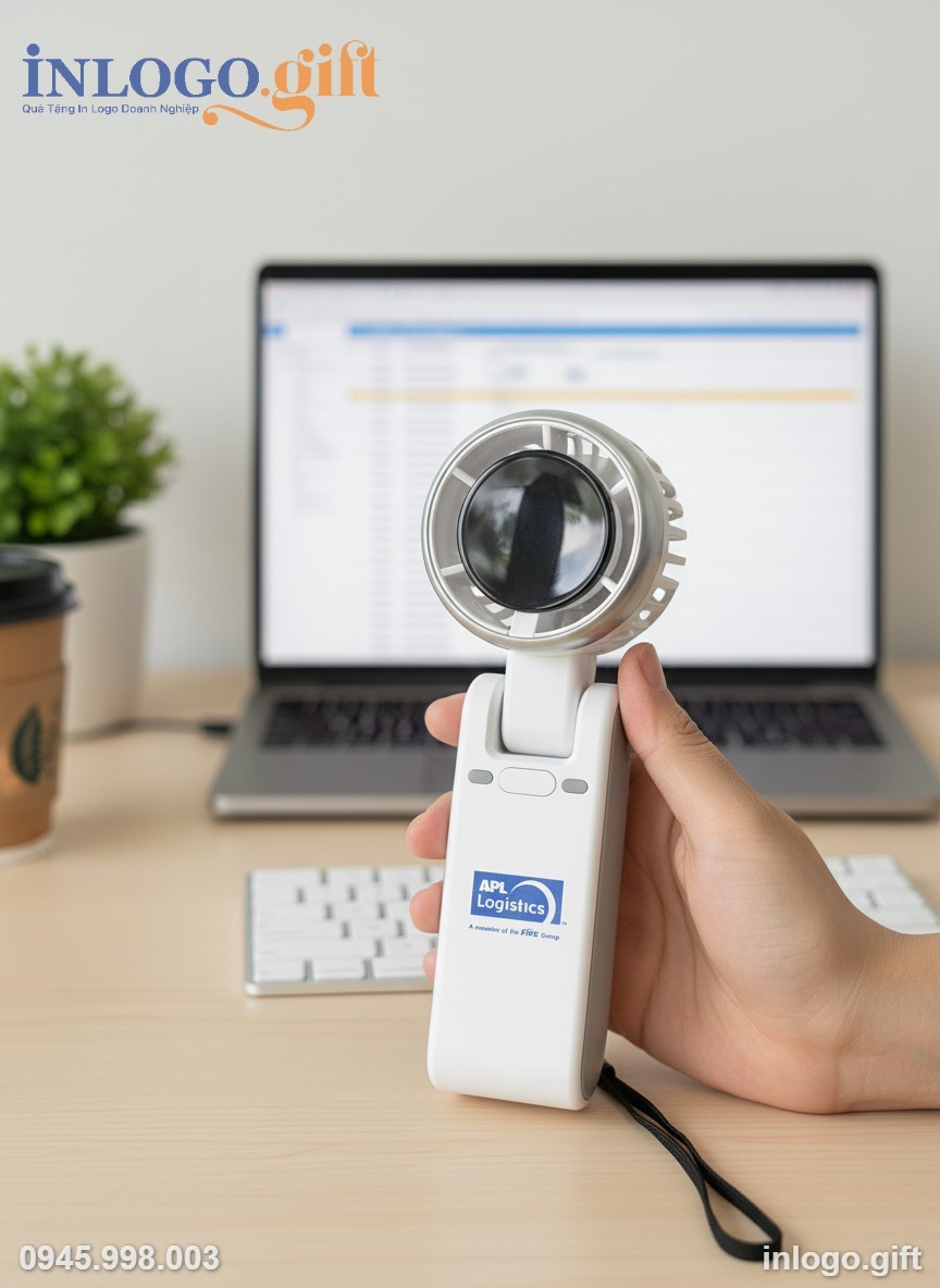 Quạt điện cầm tay màu trắng được sử dụng trong môi trường văn phòng hiện đại