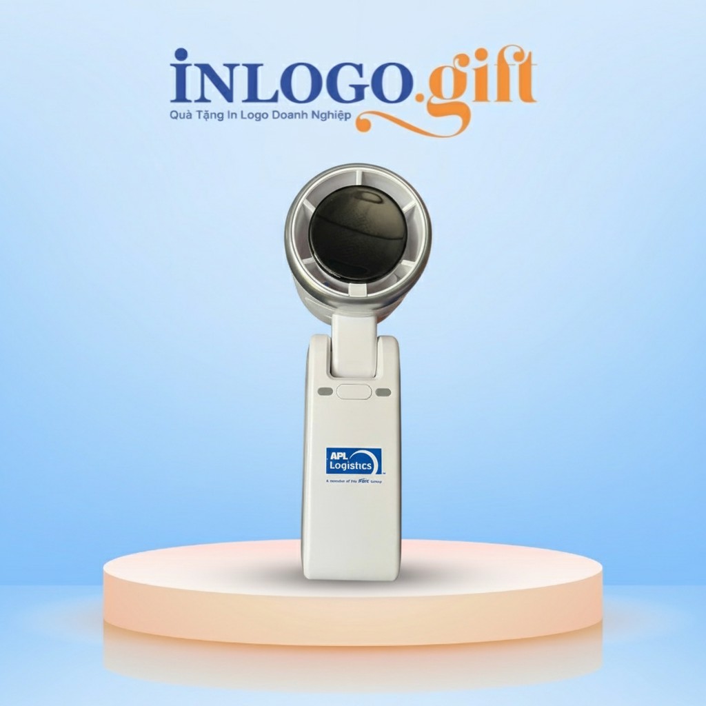 Quạt điện cầm tay in logo màu trắng có dây đeo