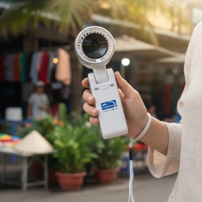 Quạt điện cầm tay in logo màu trắng có dây đeo