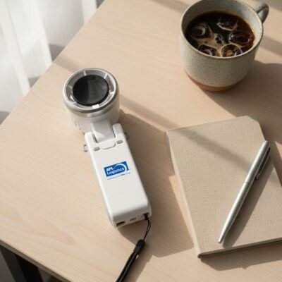 Quạt điện cầm tay in logo màu trắng có dây đeo