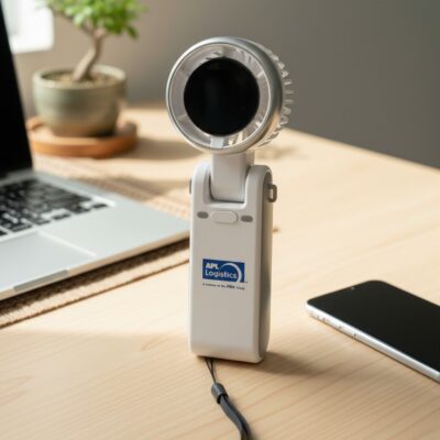 Quạt điện cầm tay in logo màu trắng có dây đeo