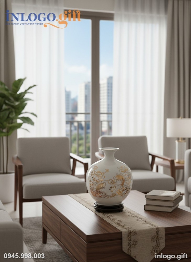 Mẫu bình hút lộc hoạ tiết cá chép hoa sen màu trắng dễ dàng trưng bày trong phòng khách
