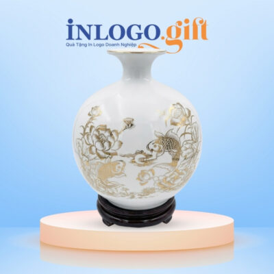 Bình hút lộc in logo màu trắng hoạ tiết cá chép hoa sen vàng kim BHL-13
