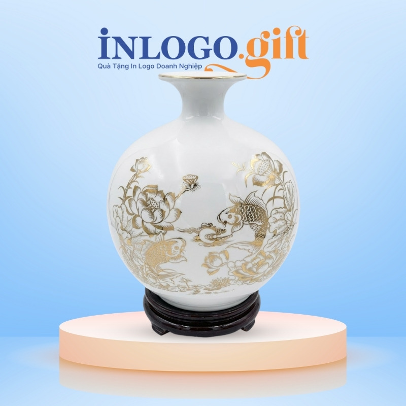 Bình hút lộc in logo màu trắng hoạ tiết cá chép hoa sen vàng kim