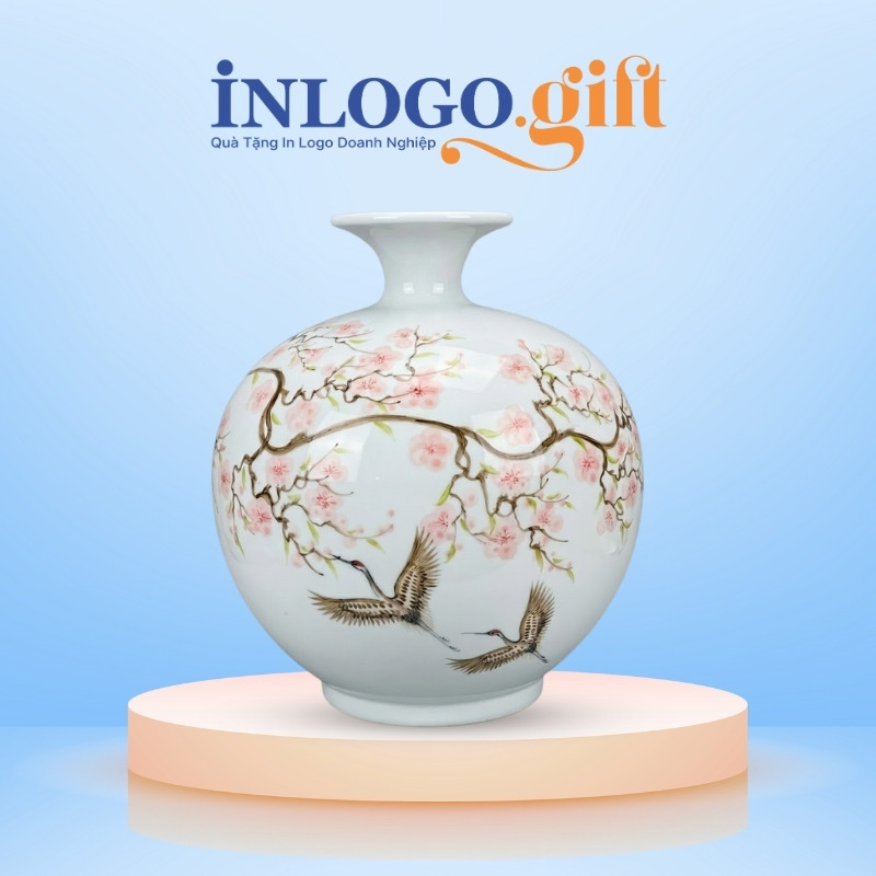 Bình hút lộc in logo màu trắng hoạ tiết chim én cành đào vẽ tay