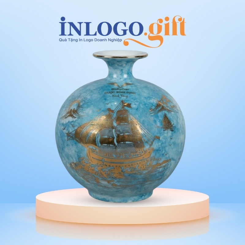 Bình hút lộc in logo màu xanh loang hoạ tiết thuận buồm xuôi gió vàng kim
