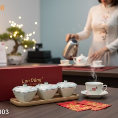 Hũ Mứt In Logo Bát Tràng Dáng Trái Tim Hoa Đào - Quà Tết Độc Đáo