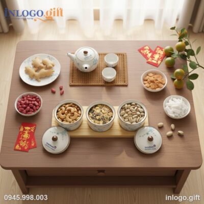 Bộ 3 Hũ Mứt Gốm Sứ Bát Tràng In Logo - Quà Tặng Tết Cao Cấp