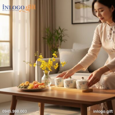 Bộ 3 Hũ Mứt Gốm Sứ Bát Tràng In Logo - Quà Tặng Tết Cao Cấp