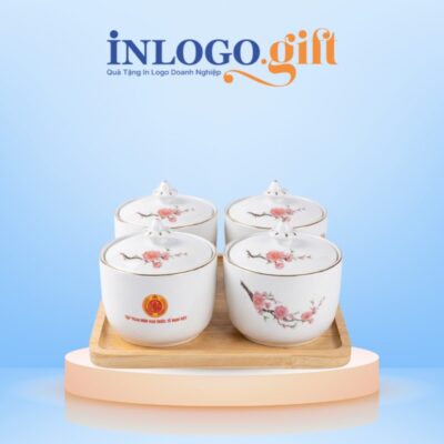Bộ 4 hũ mứt in logo dáng tròn hoạ tiết hoa đào KM-08