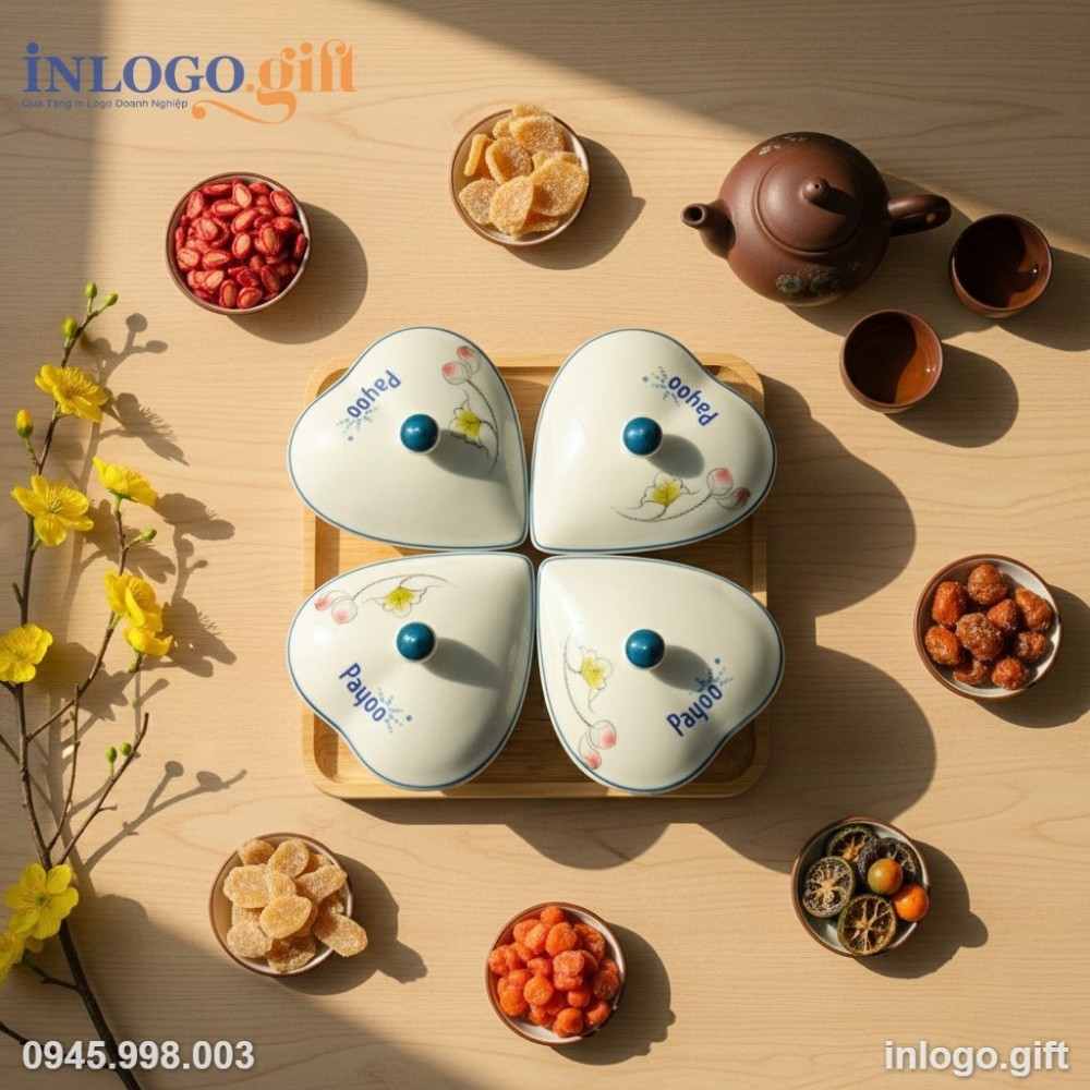 Logo in đẹp, đồng bộ trên tất cả các hũ mứt trong bộ