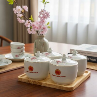 Bộ 4 hũ mứt in logo Bát Tràng hoa đào - Quà tặng Tết sang trọng