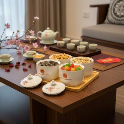 Bộ 4 hũ mứt in logo Bát Tràng hoa đào - Quà tặng Tết sang trọng