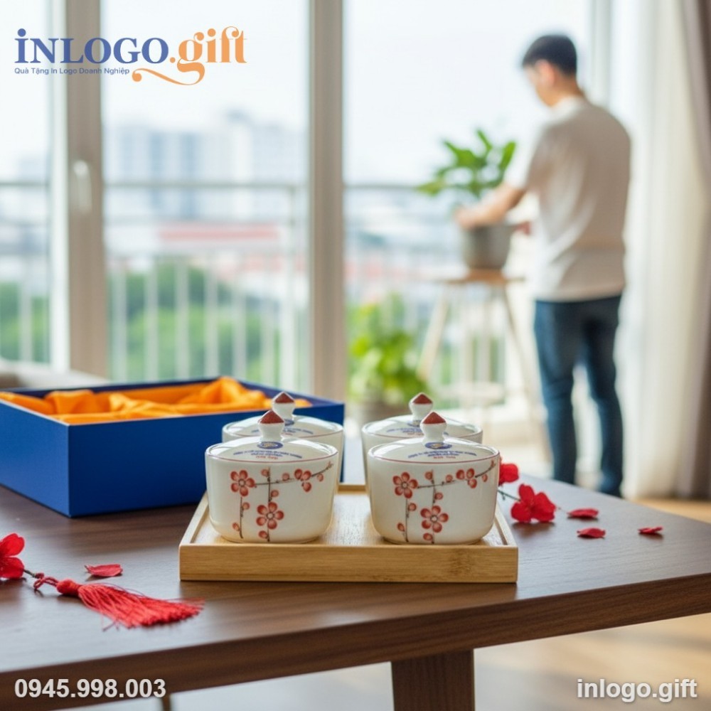 Cận cảnh hoạ tiết hoa đào đỏ và logo in trên nắp hũ mứt.