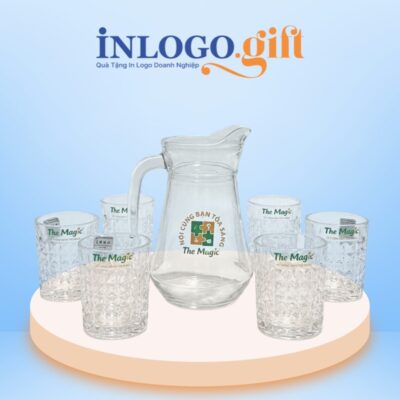 Bộ bình cốc thuỷ tinh in logo màu trắng trong suốt BBL-07