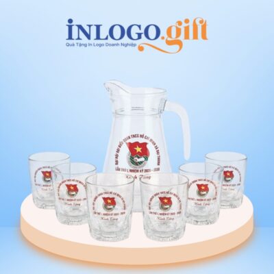 Bộ bình cốc thuỷ tinh in logo màu trắng trong suốt làm quà tặng đại hội BBL-06