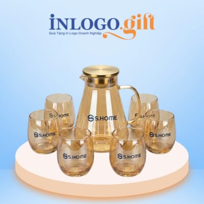 Bộ bình cốc thuỷ tinh in logo màu vàng BBL-08