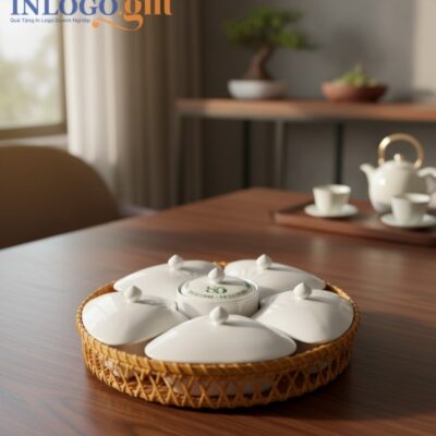 Bộ Khay Mứt Gốm Sứ Bát Tràng In Logo Tết - Quà Tặng Sang Trọng