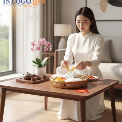 Bộ Khay Mứt Gốm Sứ Bát Tràng In Logo Tết - Quà Tặng Sang Trọng