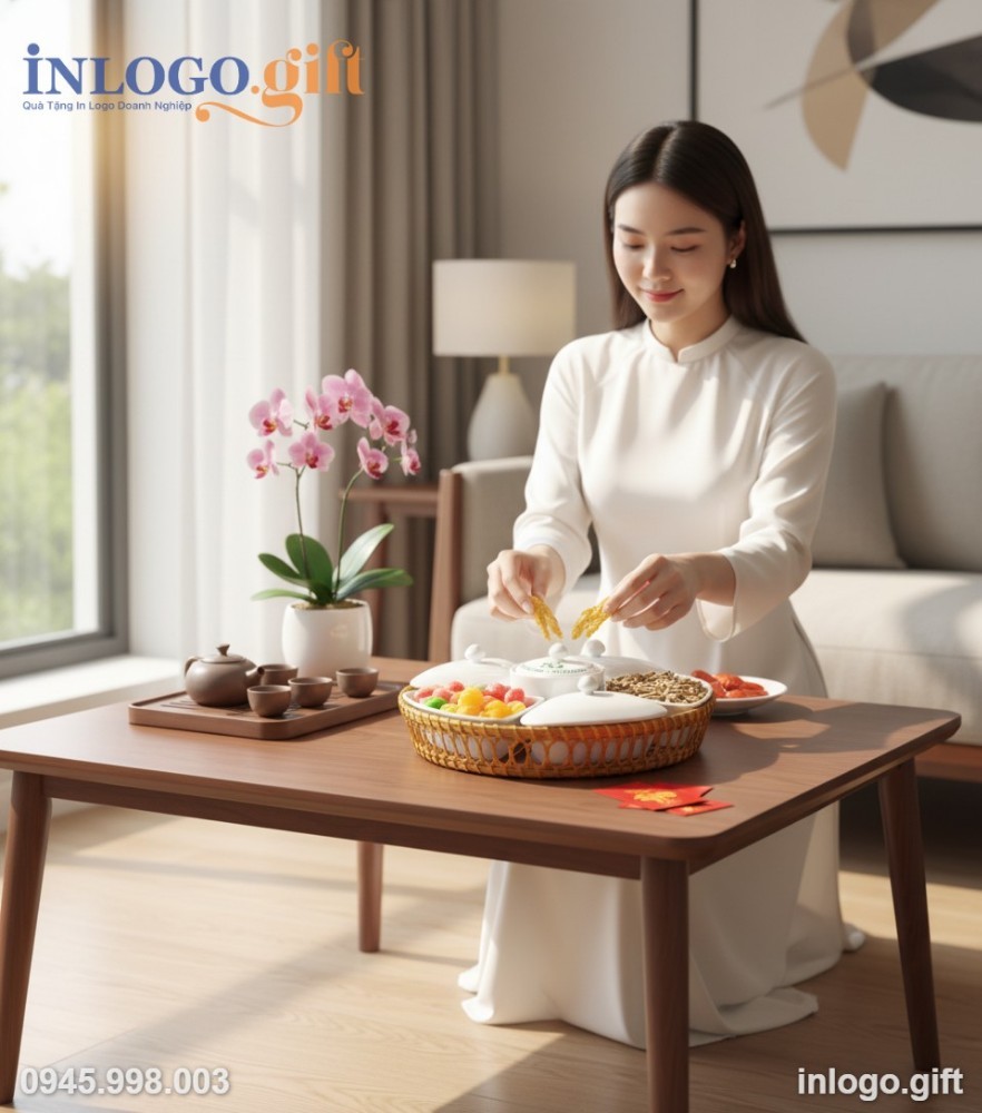 Bộ khay mứt gốm sứ tạo điểm nhấn sang trọng trên bàn trà ngày Tết