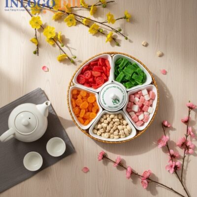 Bộ Khay Mứt Gốm Sứ Bát Tràng In Logo Tết - Quà Tặng Sang Trọng