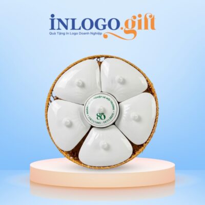 Bộ khay mứt in logo 5 cánh hoa đào màu trắng KM-14