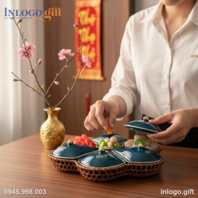 Khay Mứt In Logo Bát Tràng Hoa Khế Xanh Coban - Quà Tết Sang Trọng