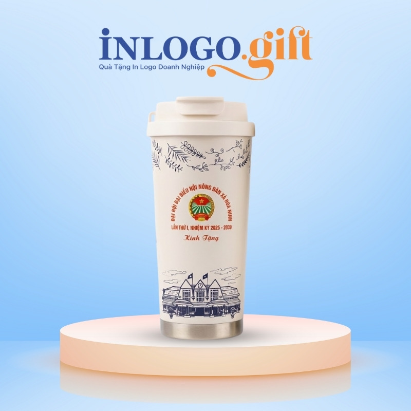 Ly giữ nhiệt in logo quà tặng đại hội màu trắng in phong cảnh Đà Lạt dung tích 500ml