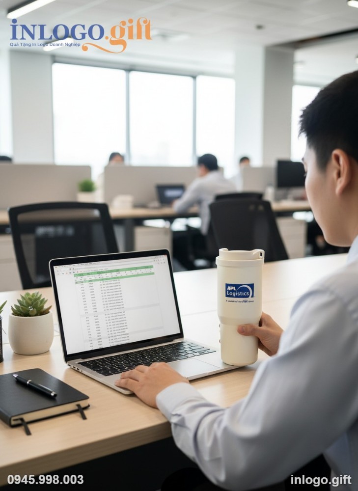 Ly giữ nhiệt Kalpen 750ml màu trắng cùng hộp quà in logo APL Logistics