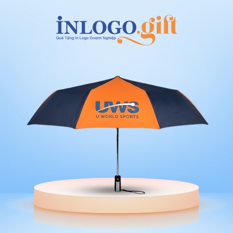 Ô dù in logo gấp 3 tự động 1 chiều màu cam xen kẽ xanh dương