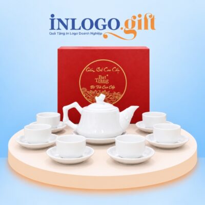 Bộ ấm chén quà tặng in logo men sứ trắng dáng trúc in hoạ tiết theo yêu cầu 400ml AC-34