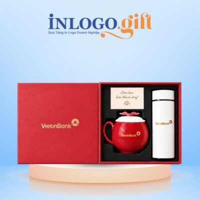 Bộ giftset quà tặng in logo 2 món gồm cốc sứ dáng táo và bình giữ nhiệt không hiển thị nhiệt độ BCS-42