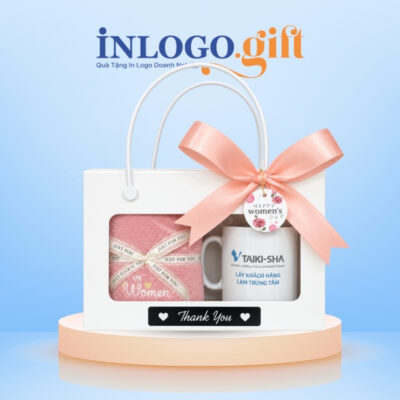 Bộ giftset quà tặng in logo 2 món gồm khăn bông và cốc sứ trắng BGS-41