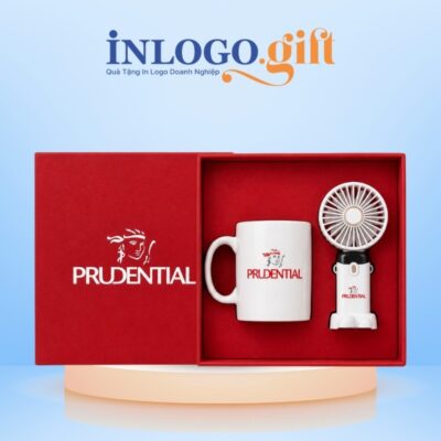 Bộ giftset quà tặng in logo 2 món gồm cốc sứ trắng và quạt điện cầm tay BCS-44