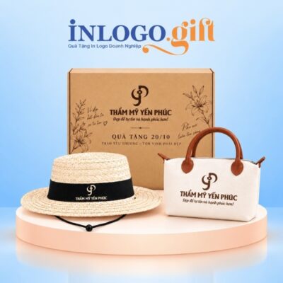 Bộ giftset quà tặng in logo 2 món gồm túi cói cầm tay và mũ lá buông 2 lớp BCS-45