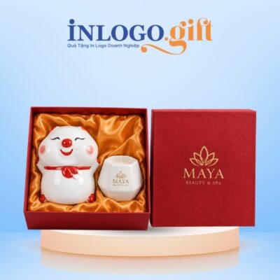 Bộ giftset quà tặng in logo 2 món gồm heo đất bánh bao và cốc đựng nến BCS-46