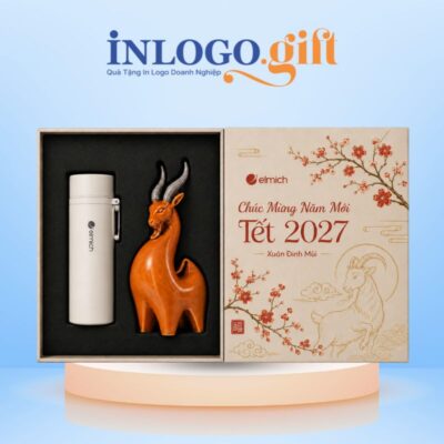 Bộ giftset quà tặng in logo 2 món gồm tượng dê và bình giữ nhiệt Elmich BGS-62