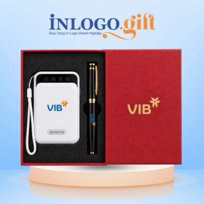 Bộ giftset quà tặng in logo 2 món gồm sạc dự phòng SenDem và bút ký kim loại BGS-63