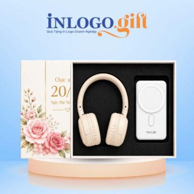 Bộ giftset quà tặng in logo 2 món gồm tai nghe dáng chụp USAMS và sạc dự phòng AKUS BGS-64