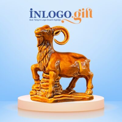 Tượng linh vật dê Hạo Dương Chiêu Tài gốm sứ men vàng hoàng thổ TLV-01