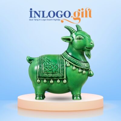 Tượng linh vật dê Kim Dương Khai Lộc gốm sứ men ngọc lục bảo TLV-03