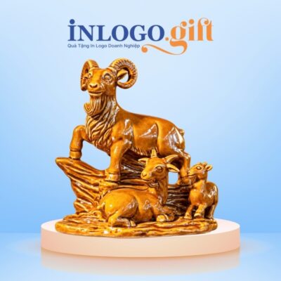 Tượng linh vật dê Tam Dương Khai Thái gốm sứ men vàng hoàng thổ TLV-02